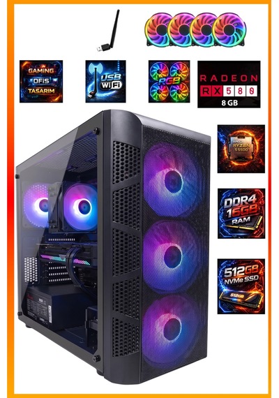 Comloji CMLJ07 R5-5500 16 GB 512 GB SSD RX580 Free Dos Masaüstü Oyuncu Bilgisayarı
