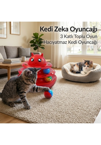 Hacıyatmaz Kedi Oyuncağı 3 Katlı Toplu Zeka Oyuncağı 20x21 Cm Devrilmez Interaktif Mama Oyuncağı