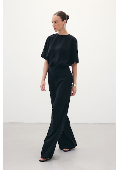 Sateen Kemer Detaylı Modal Pantolon - Siyah-136373 Siyah