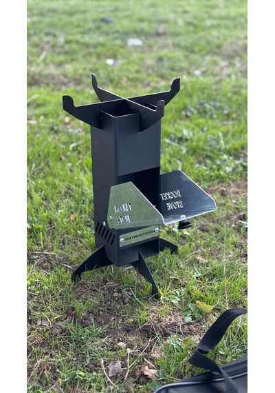 Roket Soba, Rocket Stove, Kamp Ocağı, Odunlu Kamp Sobası Çantalı Siyah