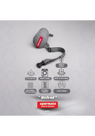 Belrol Bel Destek Yastığı Seyahat Sırt Bel Destek Minderi Yıkanabilir Kılıflı Gri