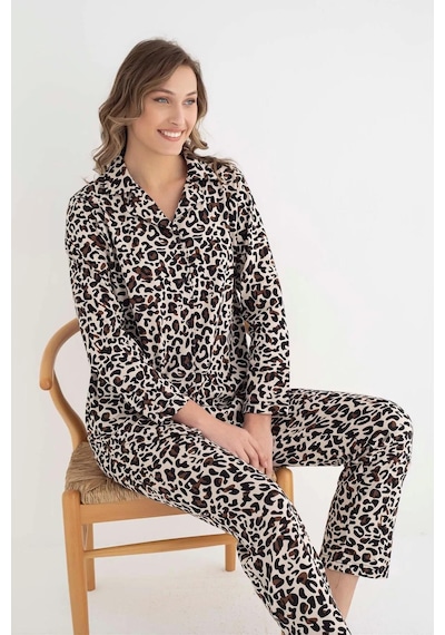 Senfoni Kadın Gömlek Yaka Uzun Kol Leopar Desenli Pamuklu Pijama Takımı 6007 -1 Adet 001
