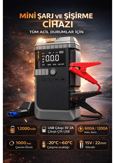 12000 Mah Akü Takviye & Hava Kompresörü 1200a Güç 150 Psı