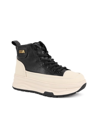 Guja Kadın Bot 336-1 Kahverengi Bej Garnili Bağcıklı Yüksek Kalın Platform Taban Rahat Günlük Kışlık Sneaker Bootie Siyah