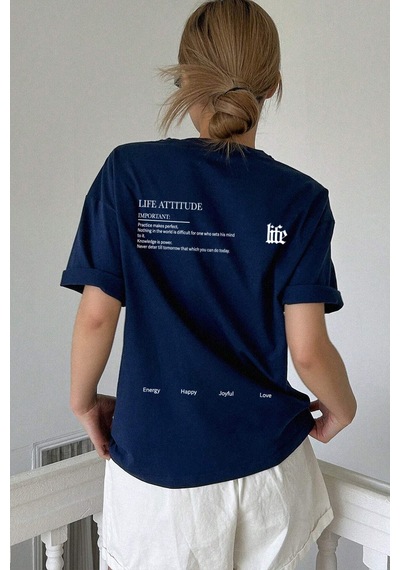 Unisex Life Baskılı T-shirt Lacivert