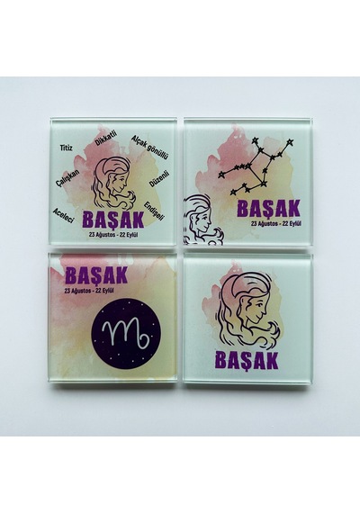 Cam Bardak Altlığı Burçlar - Başak Burcu 4'lü Takım 10cm X Beyaz