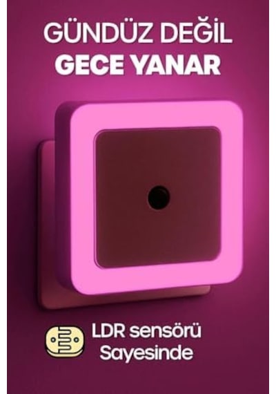 Kare Gece Lambası, Işığa Duyarlı Ldr Sensörlü, Fotoselli Sensörlü Işık Pembe