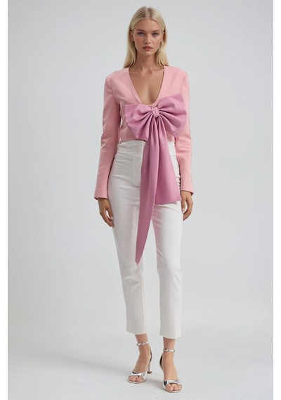 Büyük Fiyonk Detaylı Derin V Yaka Crop Blazer Ceket 6188 Pembe
