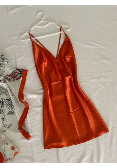 Mh Moony Homewears Orange Botanic Saten Gecelik Sabahlık Seti Beyaz Yeşil Ve Turuncu Tonları