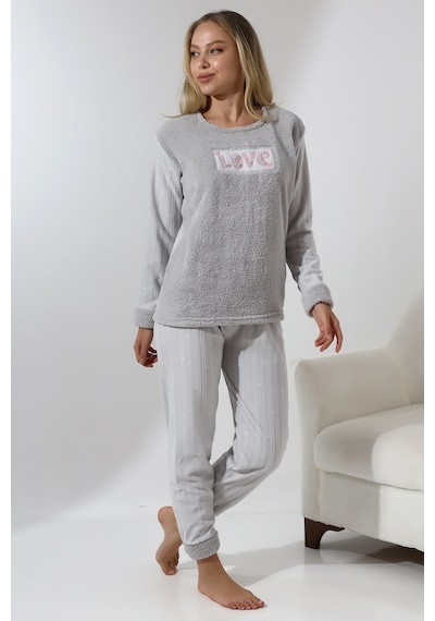 Wordex Fawn 5019 Peluş Welsoft Polar Kışlık Yumoş Kadın Pijama Takımı Love Açık Gri