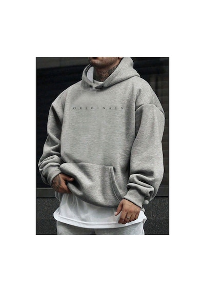 Medinenur Originals Baskılı Kapüşonlu Sweatshirt Gri