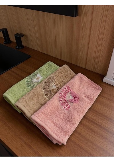30x50 Cm Güpür Kelebek Işlemeli 3lü Mutfak Havlusu El Havlusu Yüz Havlusu Seti Çok Renkli