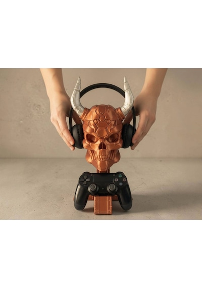 Happy3dworld Siber Kafatası Kulaklık Ve Kumanda Standı, 3d Baskı Bakır-gümüş Metalik