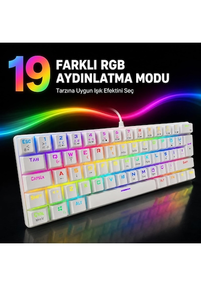 60% Kablolu Rgb Mekanik Oyuncu Klavyesi, 62 Tuşlu Türkçe Q Beyaz