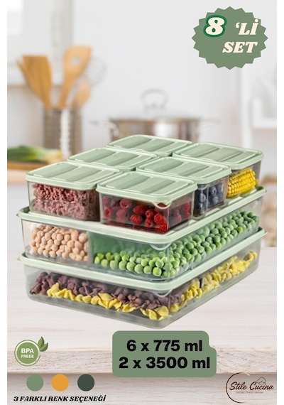 8'li Buzdolabı Düzenleyici Organizeri Mikrodalgaya Uygun Difriz Saklama Kabı 2x3500ml 6x775ml Mint