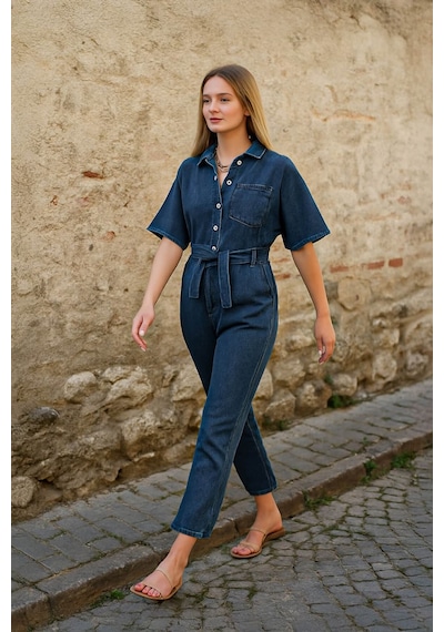 Banny Jeans Kadın Yarasa Kol Jean Tulum Koyu Mavi 001 Koyu Mavi Xs