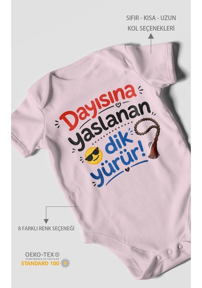 Morivokids Dayısına Yaslanan Dik Yürür Kısa Kollu Bebek Body %100 Pamuk Bebe Pembe