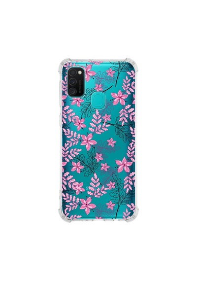 Samsung Galaxy Uyumlu M30s Köşe Korumalı Antişok Kapak Floral Pembe Tasarımlı Şeffaf Kılıf
