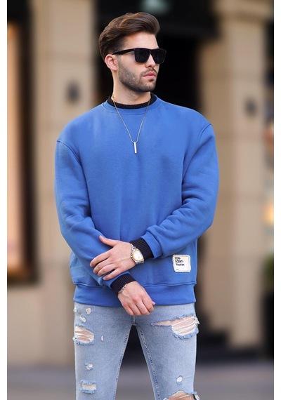 Madmext İndigo Bisiklet Yaka Oversize Şardonlu Arma Detaylı Erkek Sweatshirt 7043-indigo İndigo