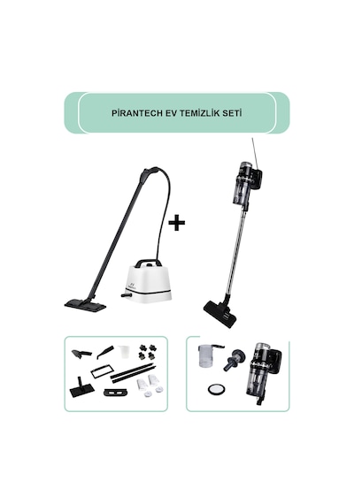 PiranTech CB-102A Buharlı Temizlik Makinesi + EK-200 Torbasız Kablolu Dikey Süpürge Elektrikli Süpürge