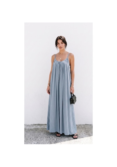 Moda Banuş Mavi İp Askılı Keten Uzun Elbise
