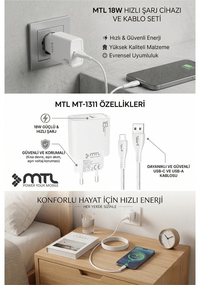 18w Qc 3.0 Destekli Hızlı Şarj Usb Adaptör + Type-c Usb Kablo Şarj Cihazı Seti Mt1312