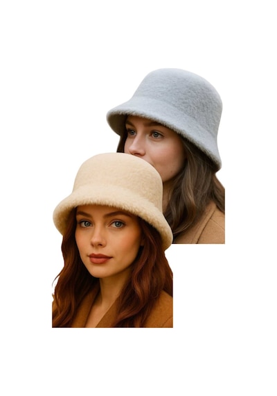 Uniquetrenders Kadın Soft Peluş Ayarlanabilir İpli Bucket Kova Şapka 2 Li Set Gri - Ekru