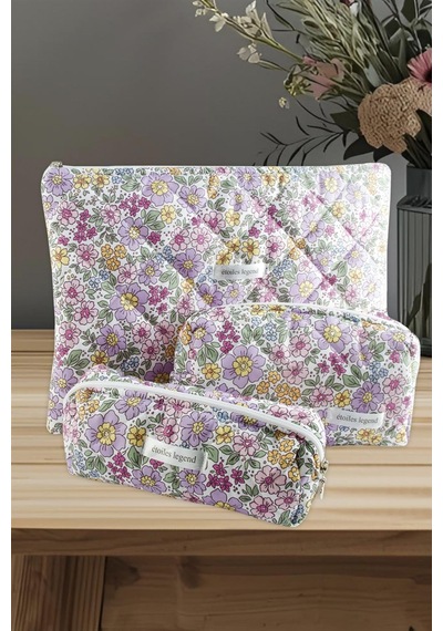 Takçalıştır Çiçek Desenli Kalem Makyaj Labtop Bilgisayar Set Çantası Ebruli