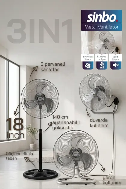 Sinbo Sf-6791 Vantilatör 18 İnç 3 Ü 1 Arada Ayaklı Duvar Tipi Yer Tipi Güçlü Fan