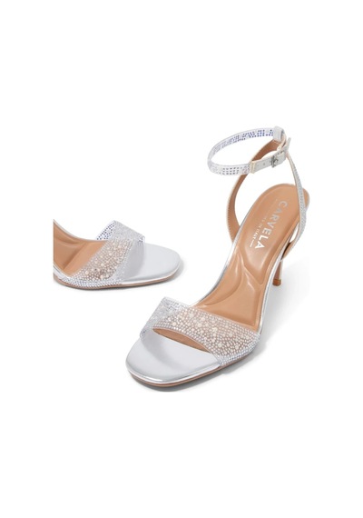 Kurt Geiger Carvela Positano Vinyl Lüks Tasarım Kadın Topuklu Sandalet Gümüş