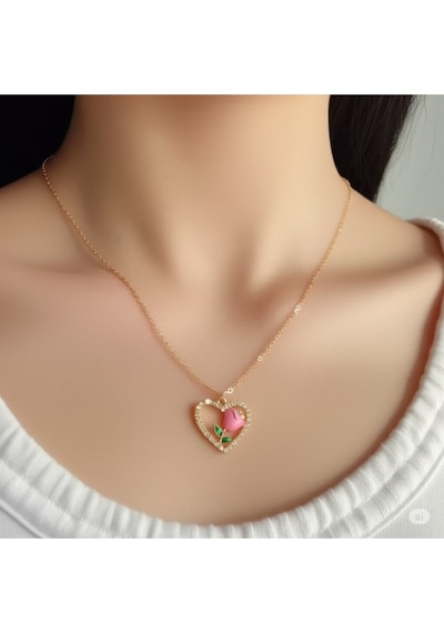 Çelik Zincirli Gold Renk Zirkon Taşlı Kalp İçinde Pembe Gül Tasarımlı Kolye Çok Renkli