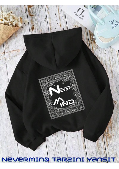 Nevermind Unisex Carpet Regional Baskılı Oversize Baskılı Kapşonlu Sweatshi Siyah