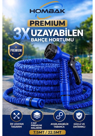 3x Uzayan Bahçe Hortumu 7.5-22.5 Metre Ayarlanabilir Tabancalı Premium Sulama Hortumu Mavi