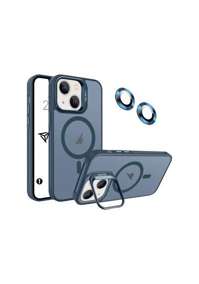 iPhone Uyumlu 14 Plus / 15 Plus Kamera Koruma Stantlı Magsafe Destekli Lens Koruyucu Telefon Kılıfı Lacivert