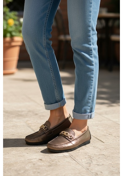 Dosa Shoes Kadın Babet Taba Zincir Tokalı Hafif Rahat Taban Şık Günlük Ayakkabı Bakır