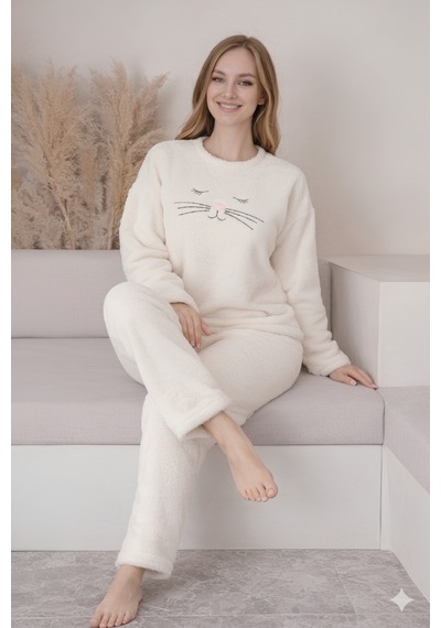 Charme Noveya Kedi Figürlü Ekru Kışlık Peluş Pijama Takımı Yumuşak Dokulu Kadın Ev Giyimi Ekru