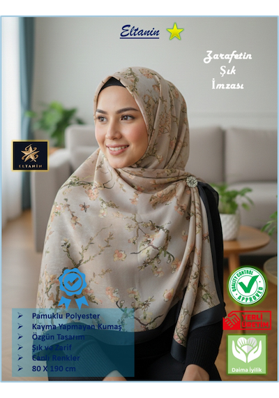 Eyfel Pamuklu Soft Özel Seri Şal Etnik & Çiçekli Desen, Orjinal, Tesettür Giyim, Yeni Koleksiyon Bej - Siyah