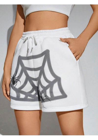 Punk Halloween Spider Web Print Drawstring Waist Şort Beyaz