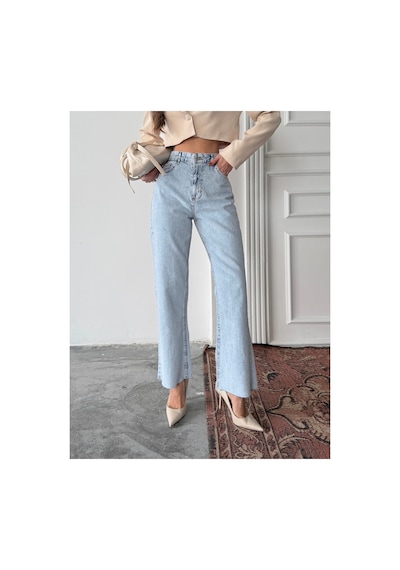 Blue Marlın Yüksek Bel Tam Kalıp Paça Kesik Boru Paça Jeans Mavi