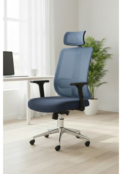Upstyle Poyraz Başlıklı Fileli Ergonomik Çalışma Koltuğu Mavi Krom Koltuk 66 125 65 Cm