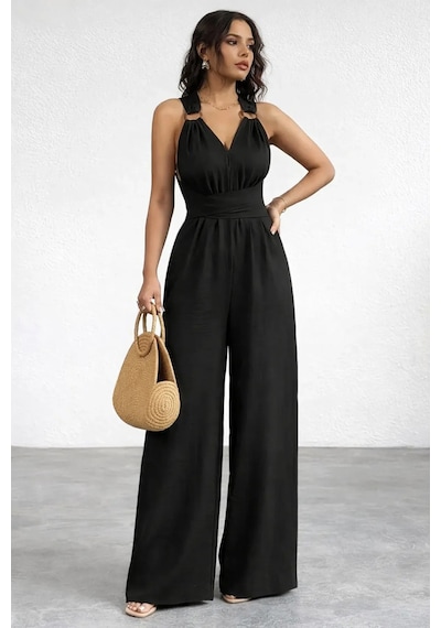Meridefashion Kadın Askılı Halka Detaylı Arkadan Çapraz Yazlık Tulum L/xl Siyah