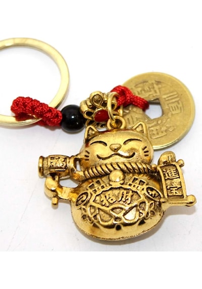 Feng Shui Bereket Şans Mutluluk Çağıran Şans Kedisi Maneki Neko Çin Paralı Feng Sui Anahtarlık