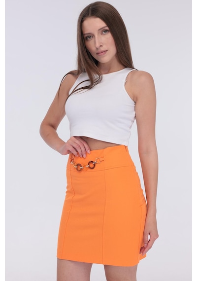 Selectmoda Kadın Zincir Toka Detaylı Modern Şık Mini Etek Turuncu