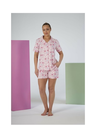 Estiva Kadın Yazlık Kalp Desenli Önden Düğmeli Şortlu Penye Lycra Pijama Takımı PEMBE