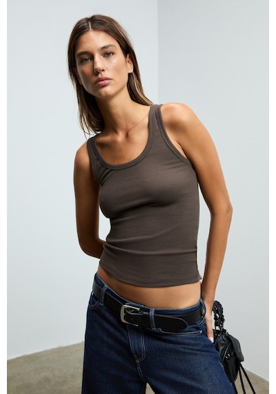 Ethıquet Lıllesol Kadın Fitilli Görünümlü Slim Fit Vücuda Oturan Havuz Yakalı Pamuklu Basic Kahveren Kahverengi