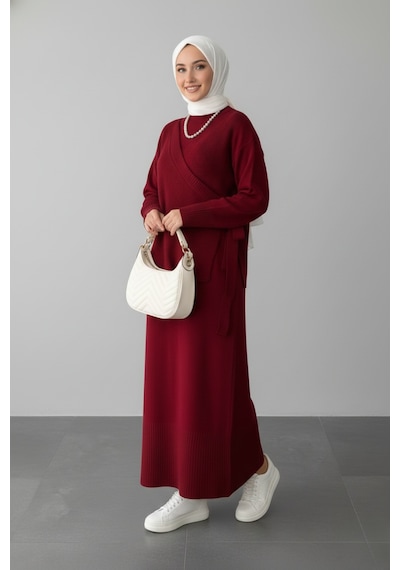 Defymoda Kadın Kırmızı Modest Triko Tunik Elbise Takım Kırmızı