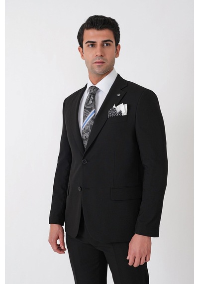 Efor Slim Fit Çift Yırtmaç Esnek Yünlü Düz Siyah Takım Elbise Tk 948