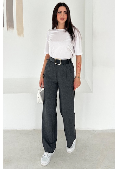 Pileli Yüksek Bel Kemerli Kumaş Pantolon Elegant Gri