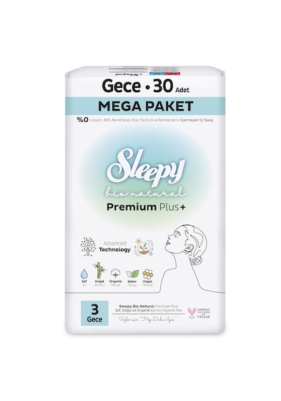 Sleepy Bio Natural Premium Plus Hijyenik Ped Mega Gece 30 Adet
