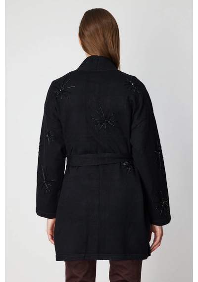 On Fashion Beli Kuşaklı Taş İşlemeli Siyah Hırka 60909 Siyah